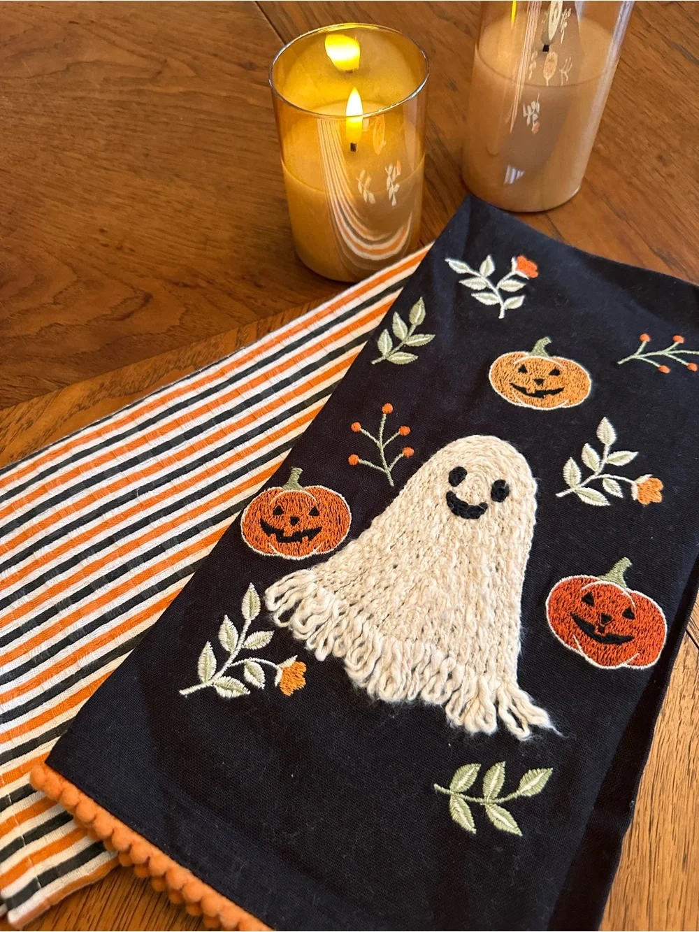 Halloween Kitchen Towels Set of 2 Ghost Pumpkins Striped Orange Black